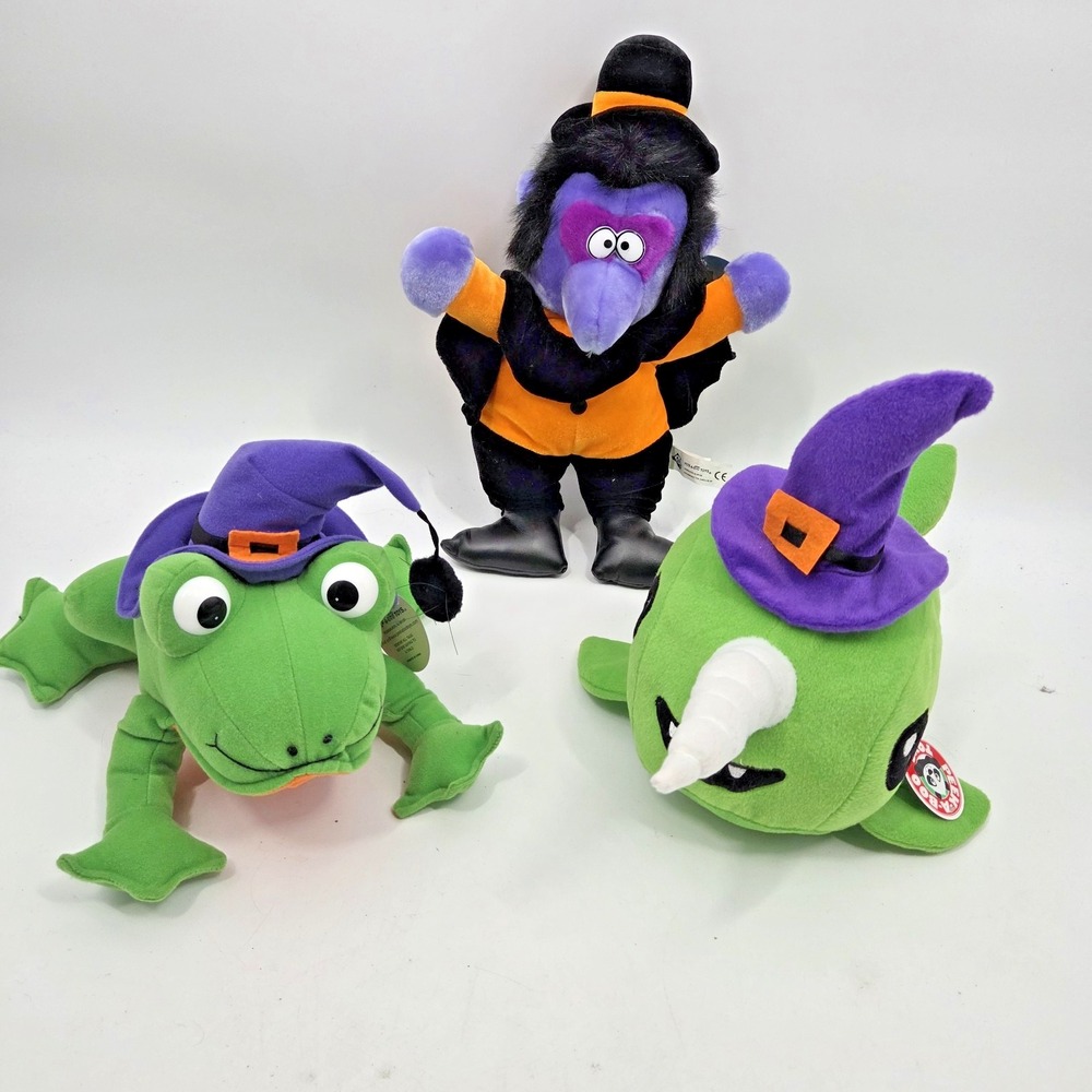 NEW VTG LOT 3 Peek a Boo Toys 18" Narwhal Witch Halloween Plush green purple
